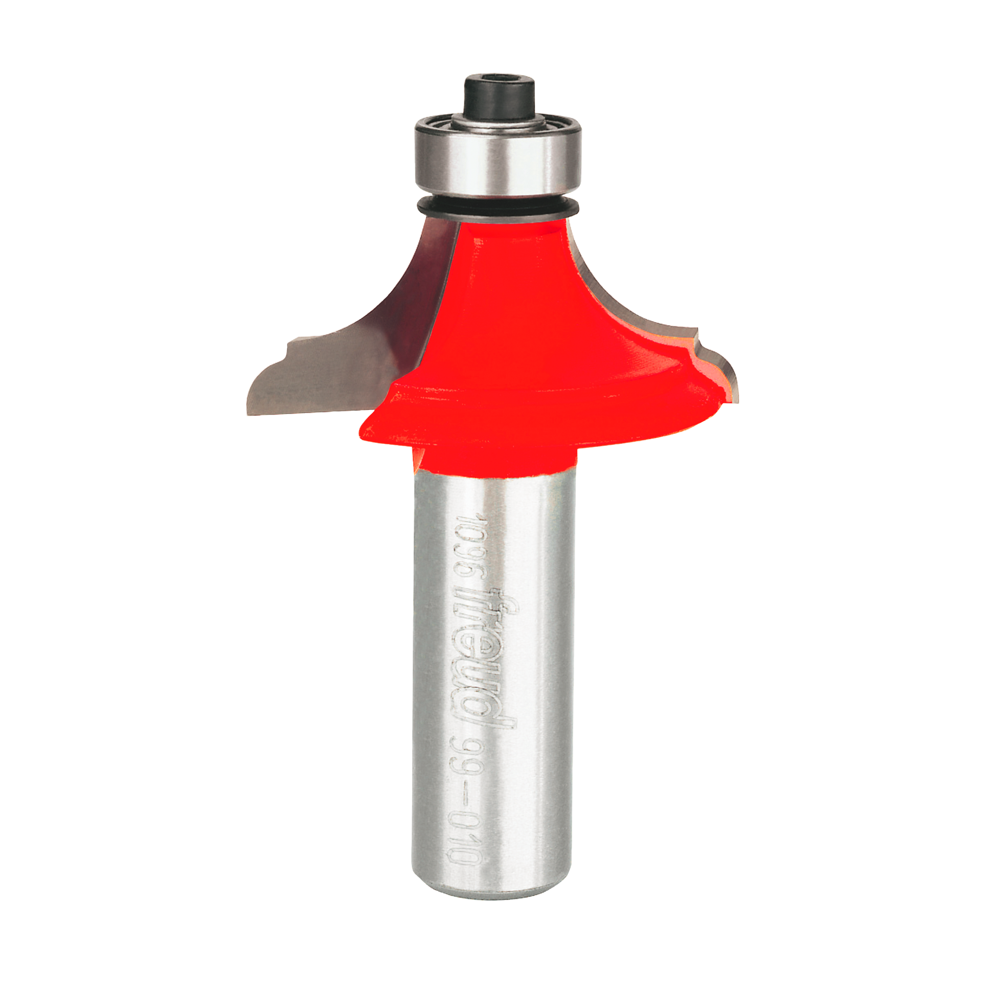 Freud router bit with red cutting head, silver shank, and black bearing collar for table edge profiling.