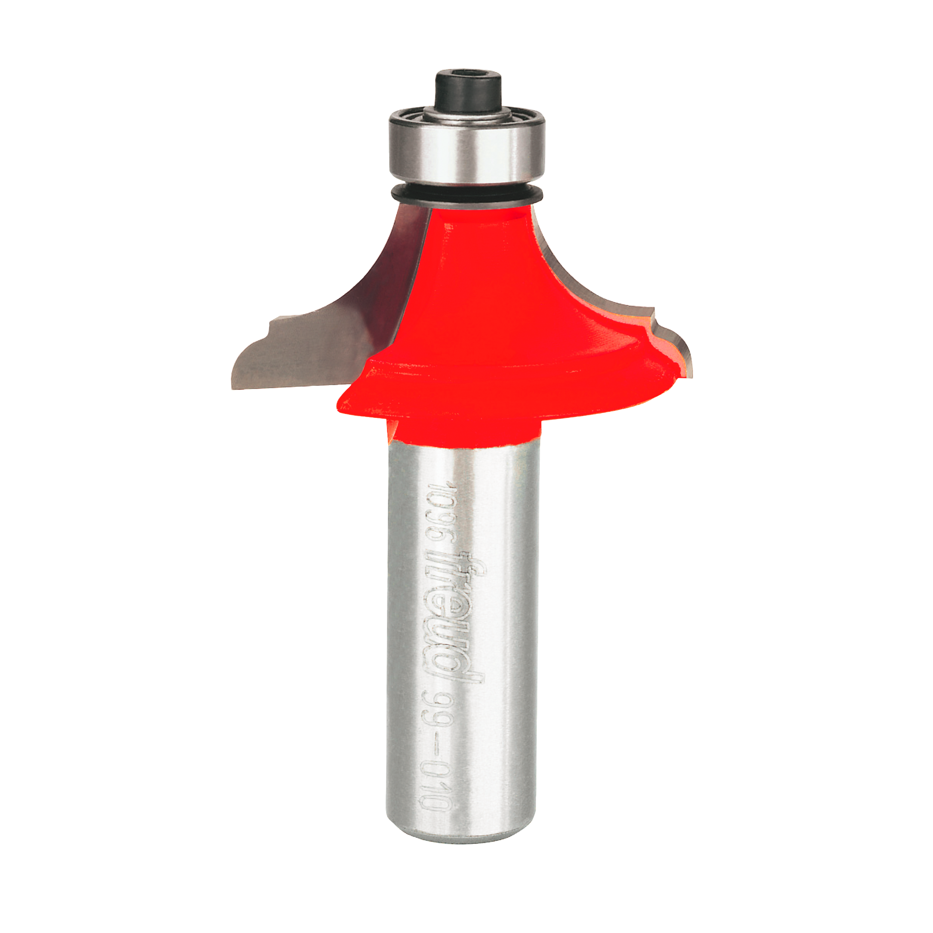 Freud router bit with red cutting head, silver shank, and black bearing collar for table edge profiling.