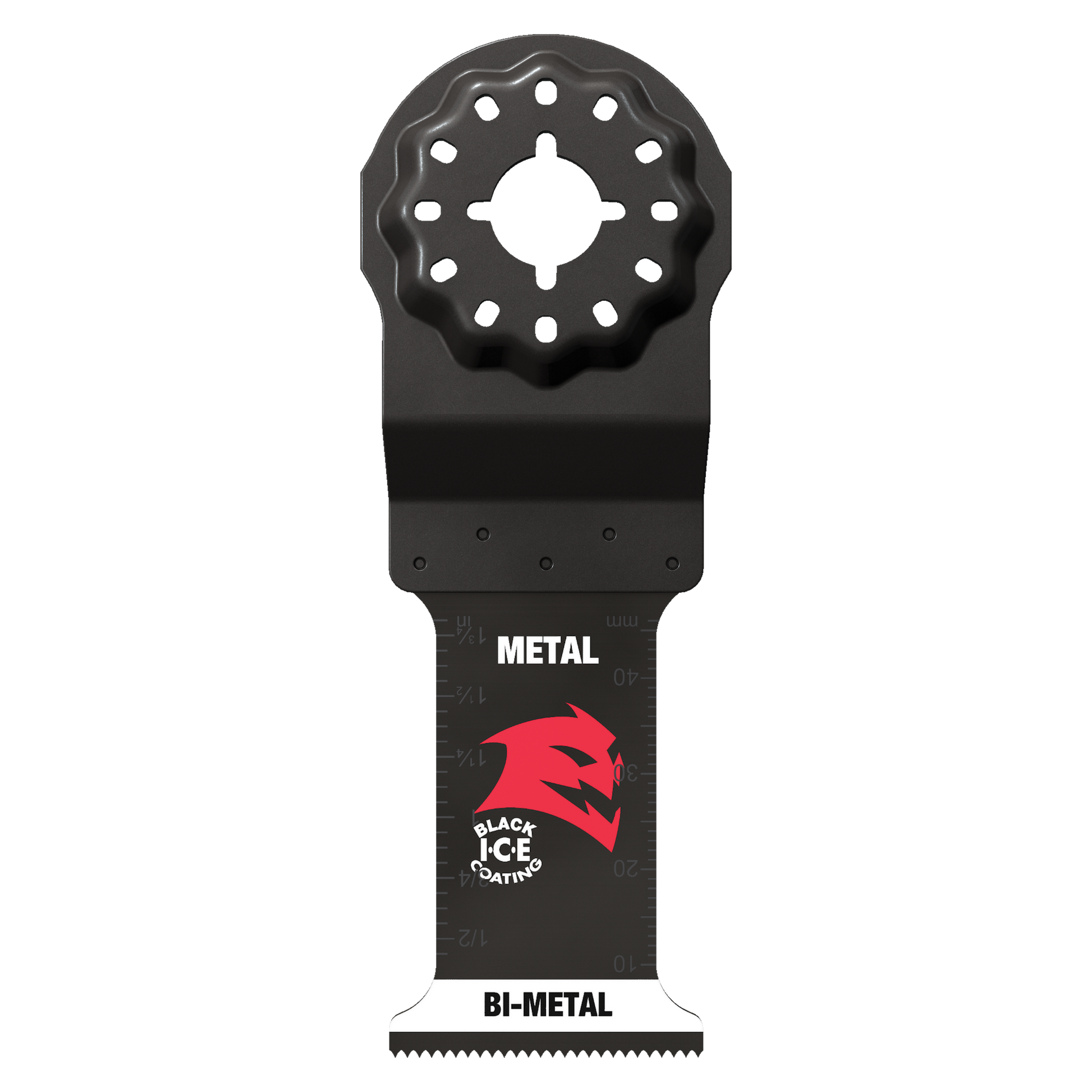Black Starlock bi-metal oscillating blade with serrated cutting edge and circular mounting head with holes.