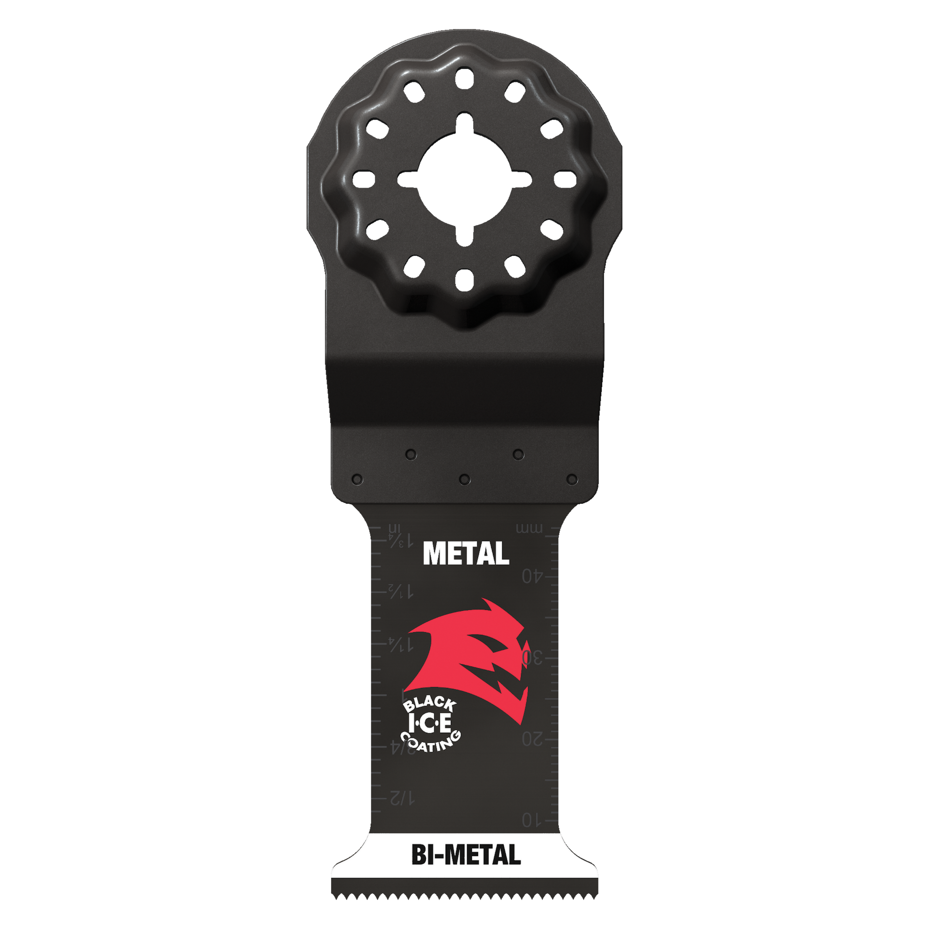 Black Starlock oscillating blade with serrated cutting edge and round mounting head with white holes.