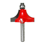 Red and silver router bit with rounded beading profile and metal shank on white background.