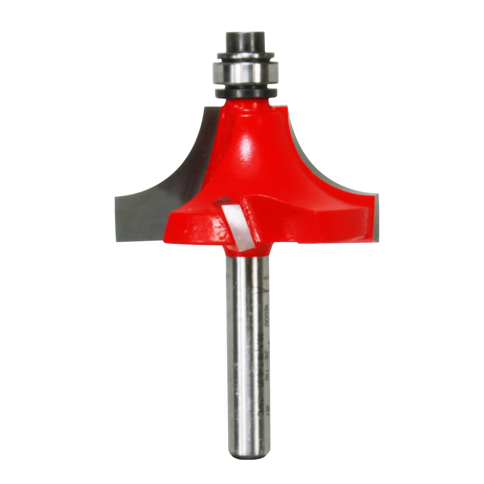 Red and silver router bit with rounded beading profile and metal shank on white background.