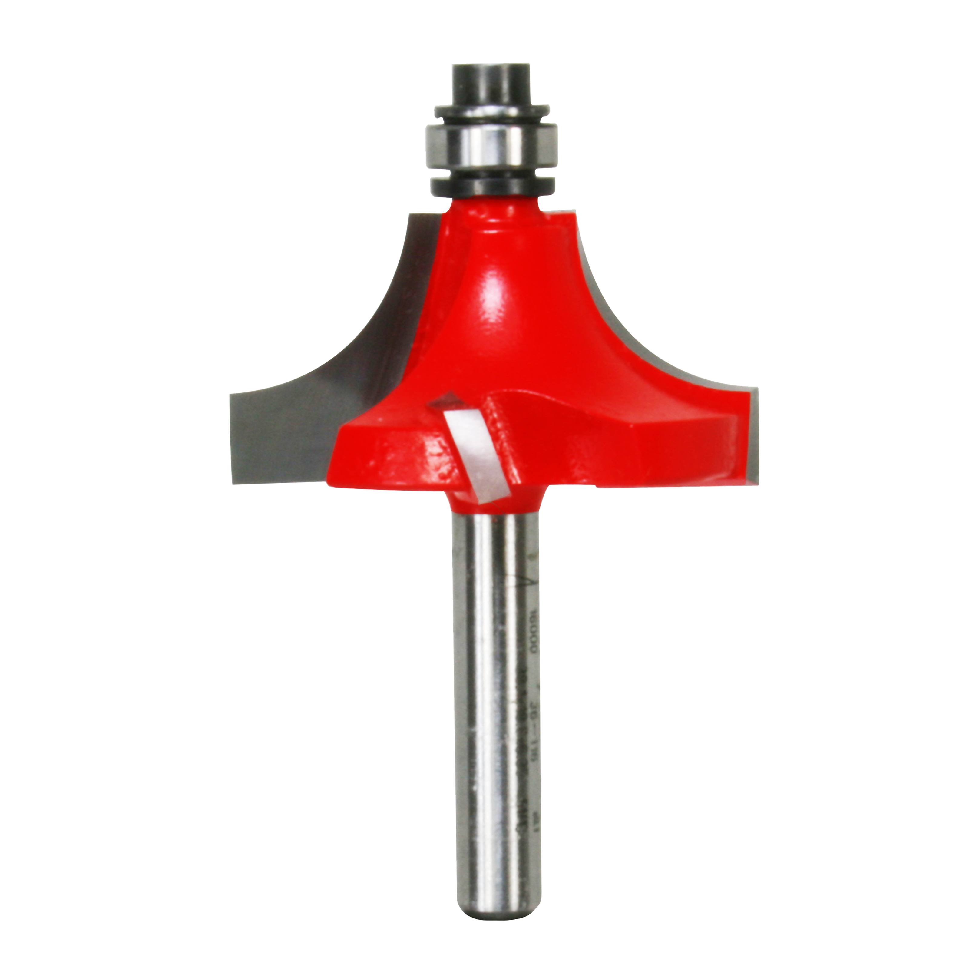 Red and silver router bit with rounded beading profile and metal shank on white background.