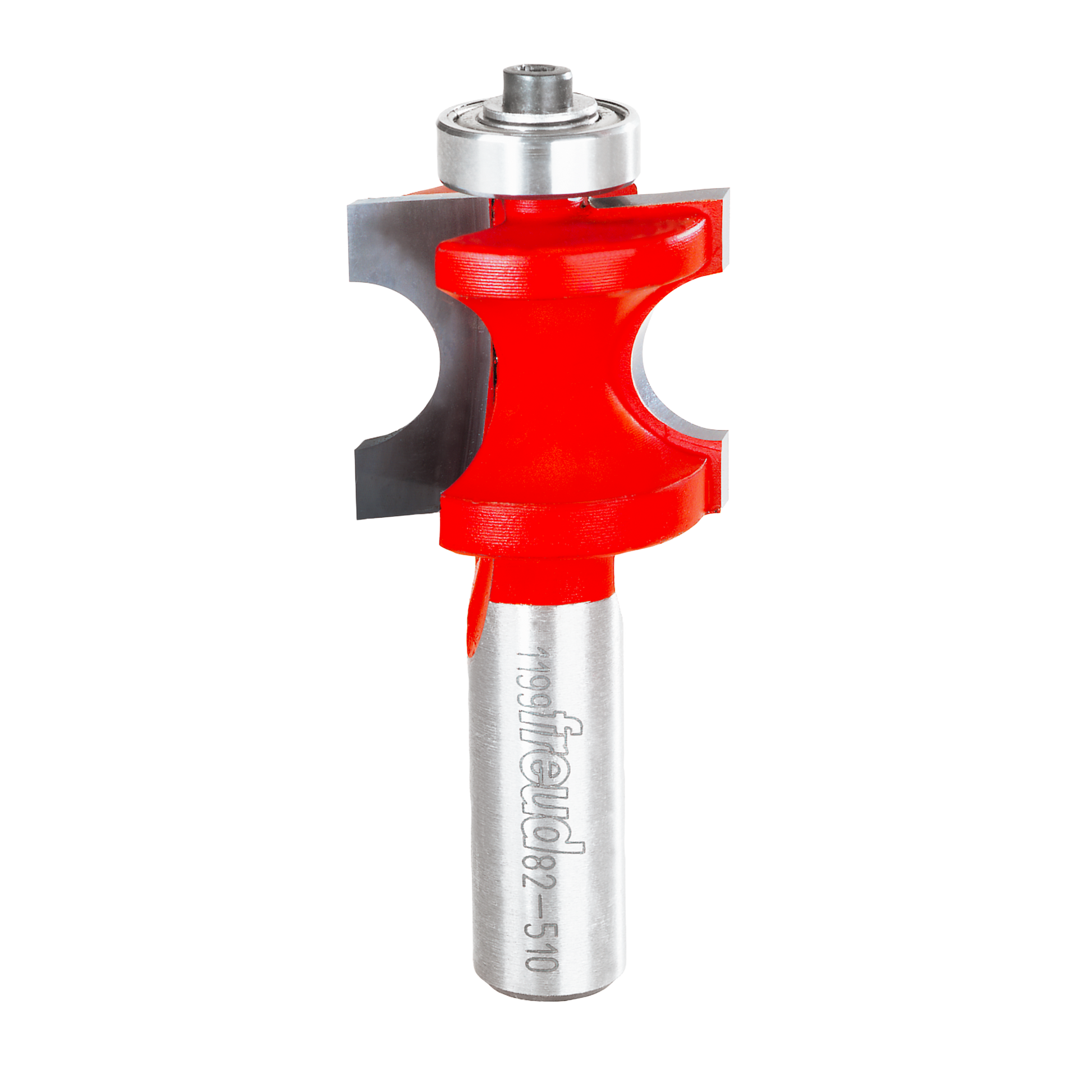 Red and silver router bit with half-round cutting head and bearing guide, labeled Freud 82-510.