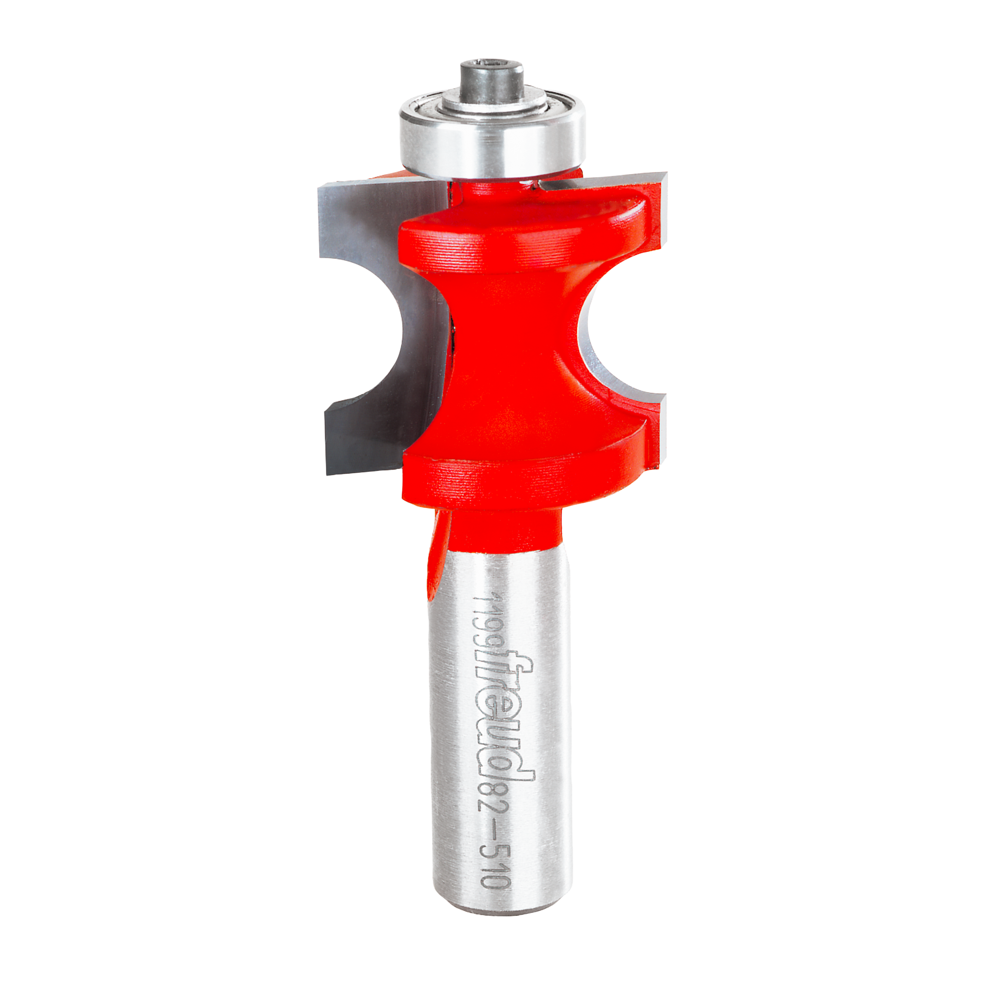 Red and silver router bit with half-round cutting head and bearing guide, labeled Freud 82-510.