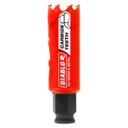 Red and black carbide-tipped holesaw with serrated crown edge and Diablo branding for wood and metal cutting.