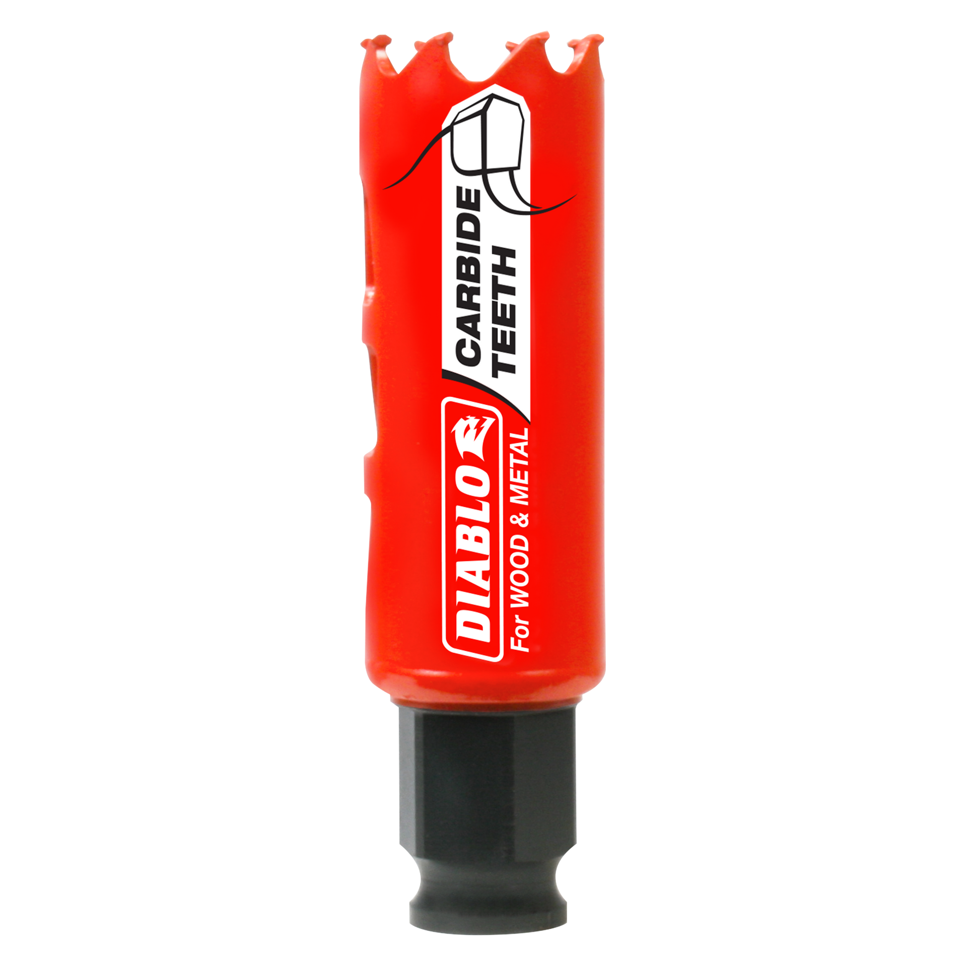 Red and black carbide-tipped holesaw with serrated crown edge and Diablo branding for wood and metal cutting.
