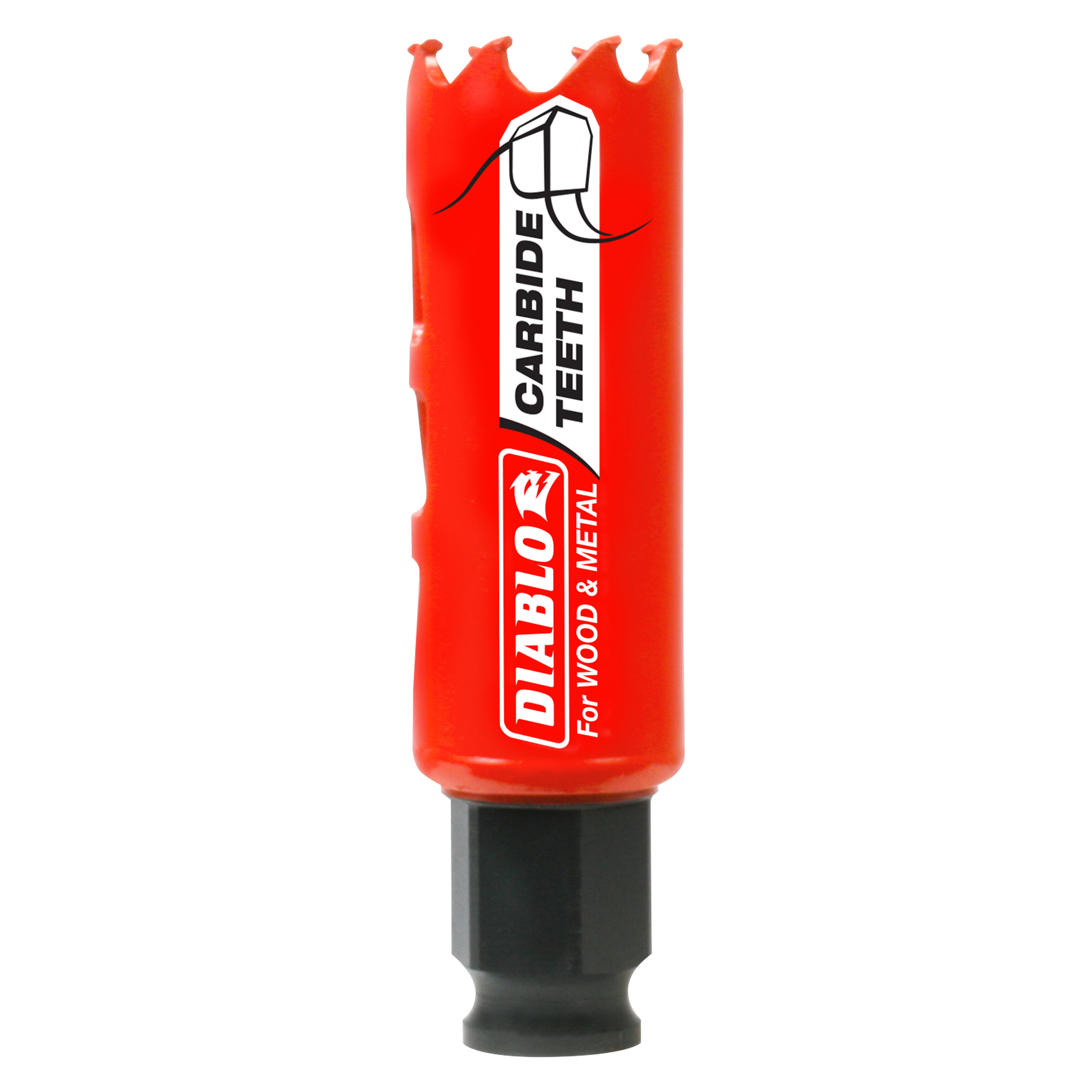 Red and black carbide-tipped holesaw with serrated crown edge and Diablo branding for wood and metal cutting.