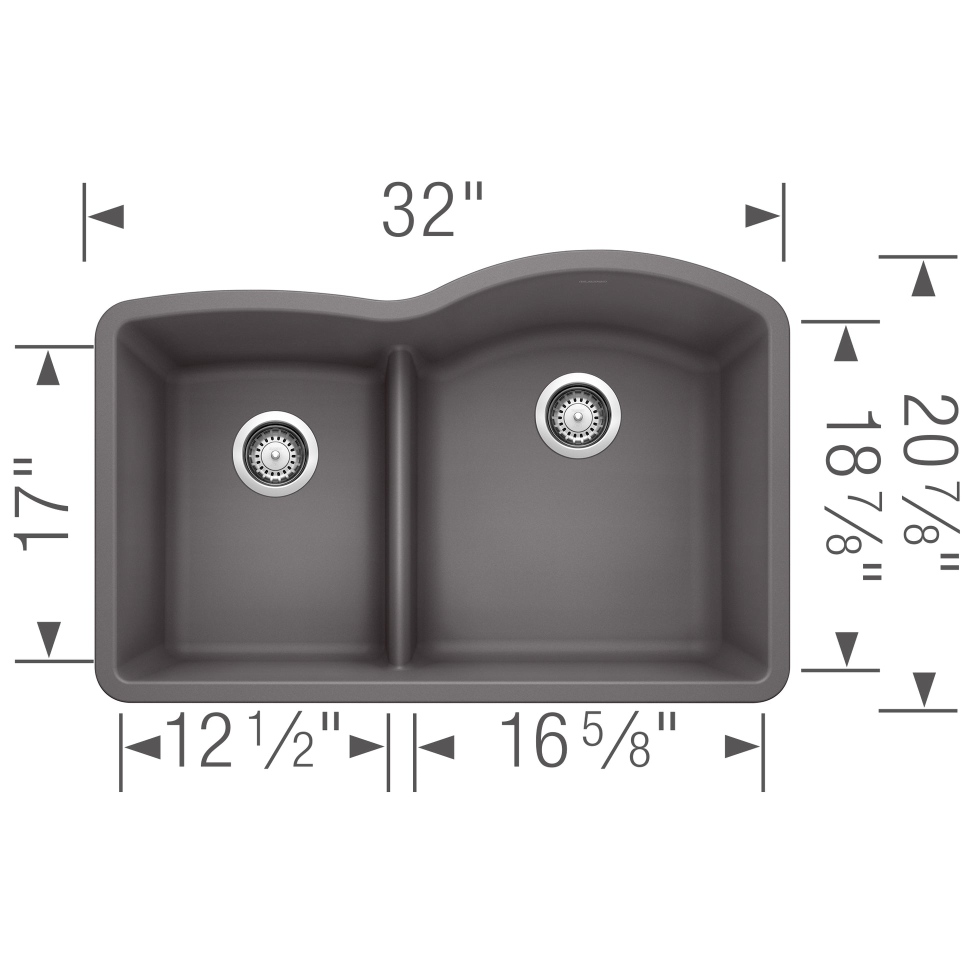 Cinder-colored undermount kitchen sink with two basins separated by low divider, top view showing dimensions and drain placem