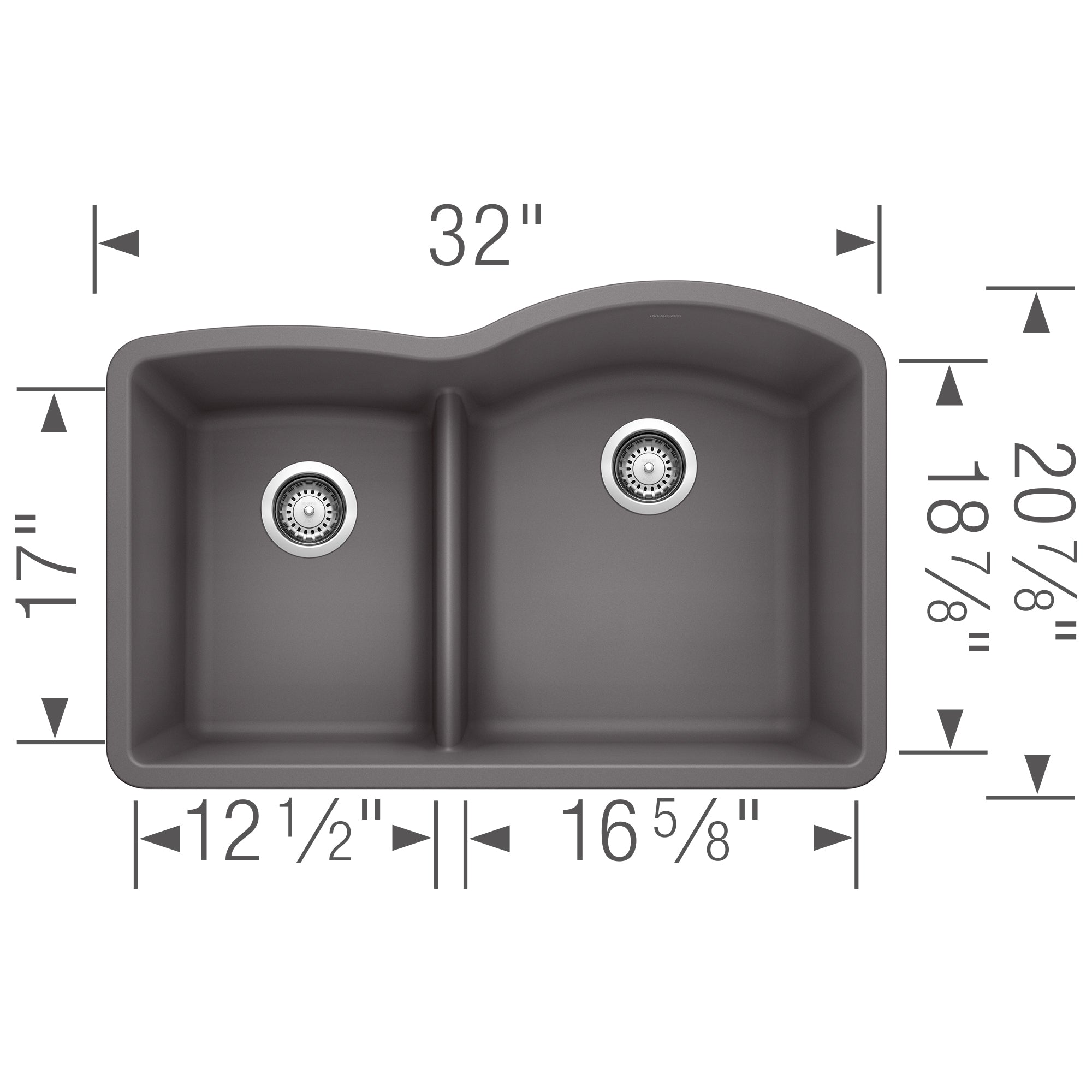 Cinder-colored undermount kitchen sink with two basins separated by low divider, top view showing dimensions and drain placem