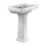 White ceramic pedestal sink with rectangular basin and three faucet holes, supported by tapered column base.