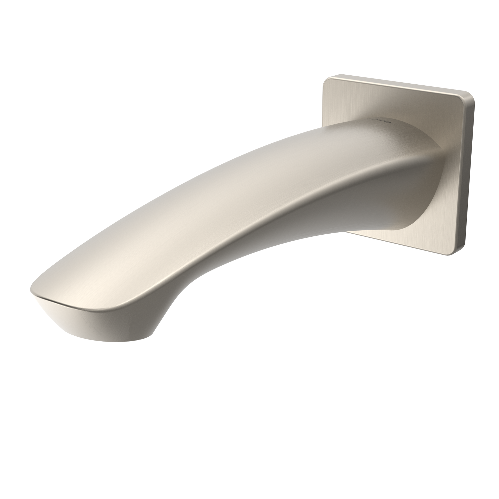 Brushed nickel wall-mounted tub spout with curved delivery nozzle and square backplate.