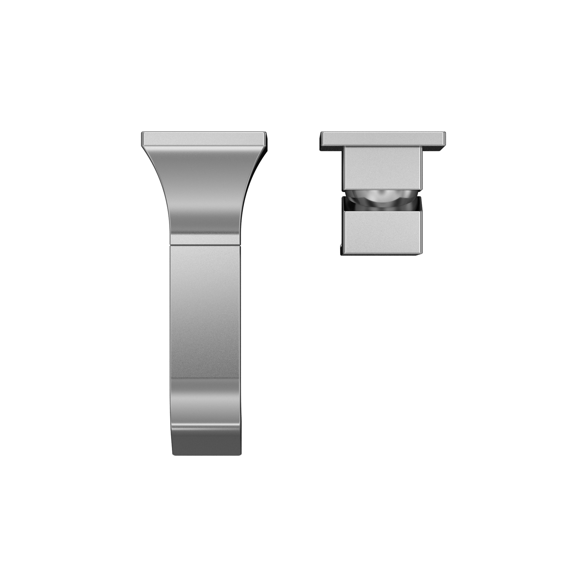 Polished chrome wall-mount bathroom faucet with single handle and tapered spout, shown from front and top views.