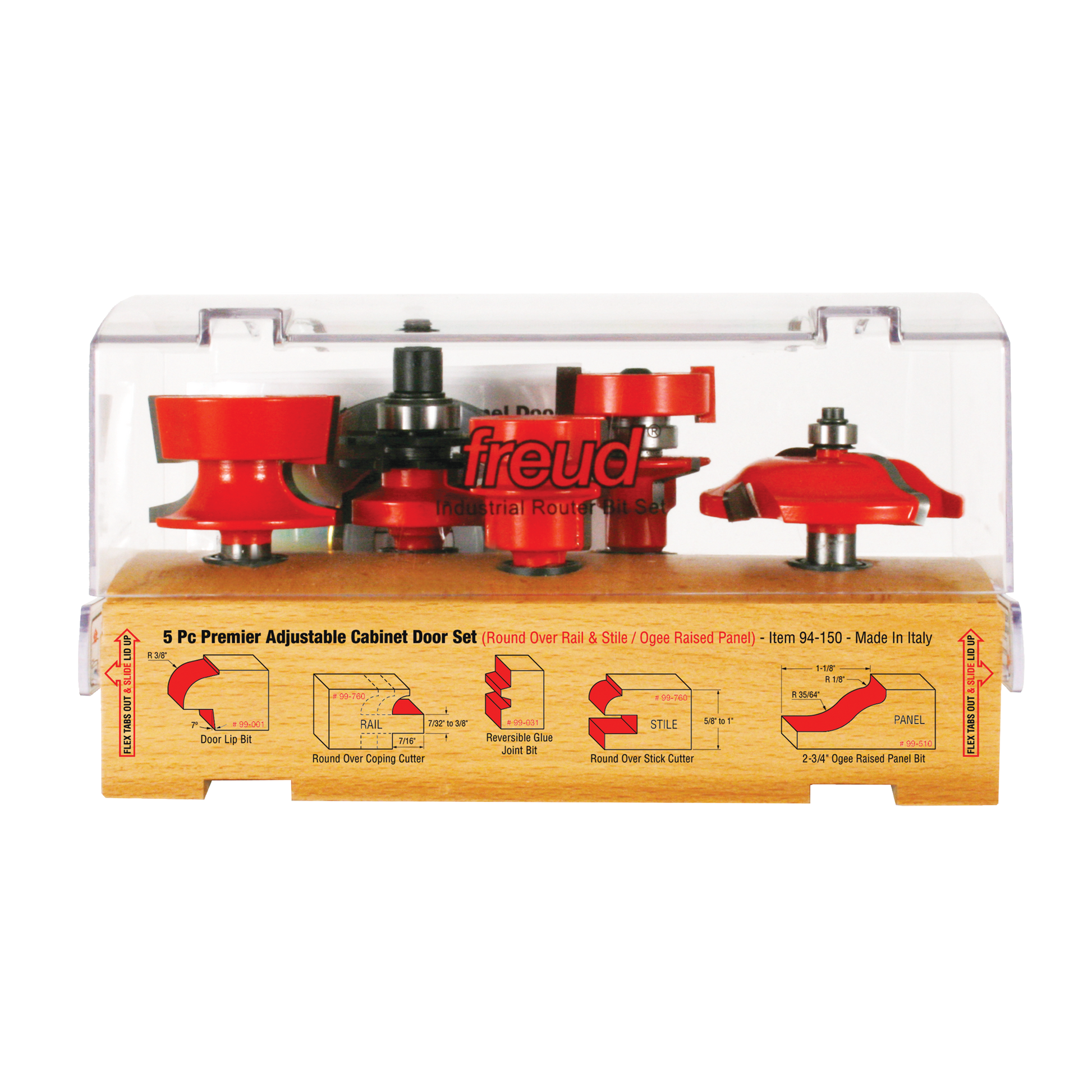Five red and black router bits with various profiles displayed in clear plastic case with wooden base showing bit diagrams.