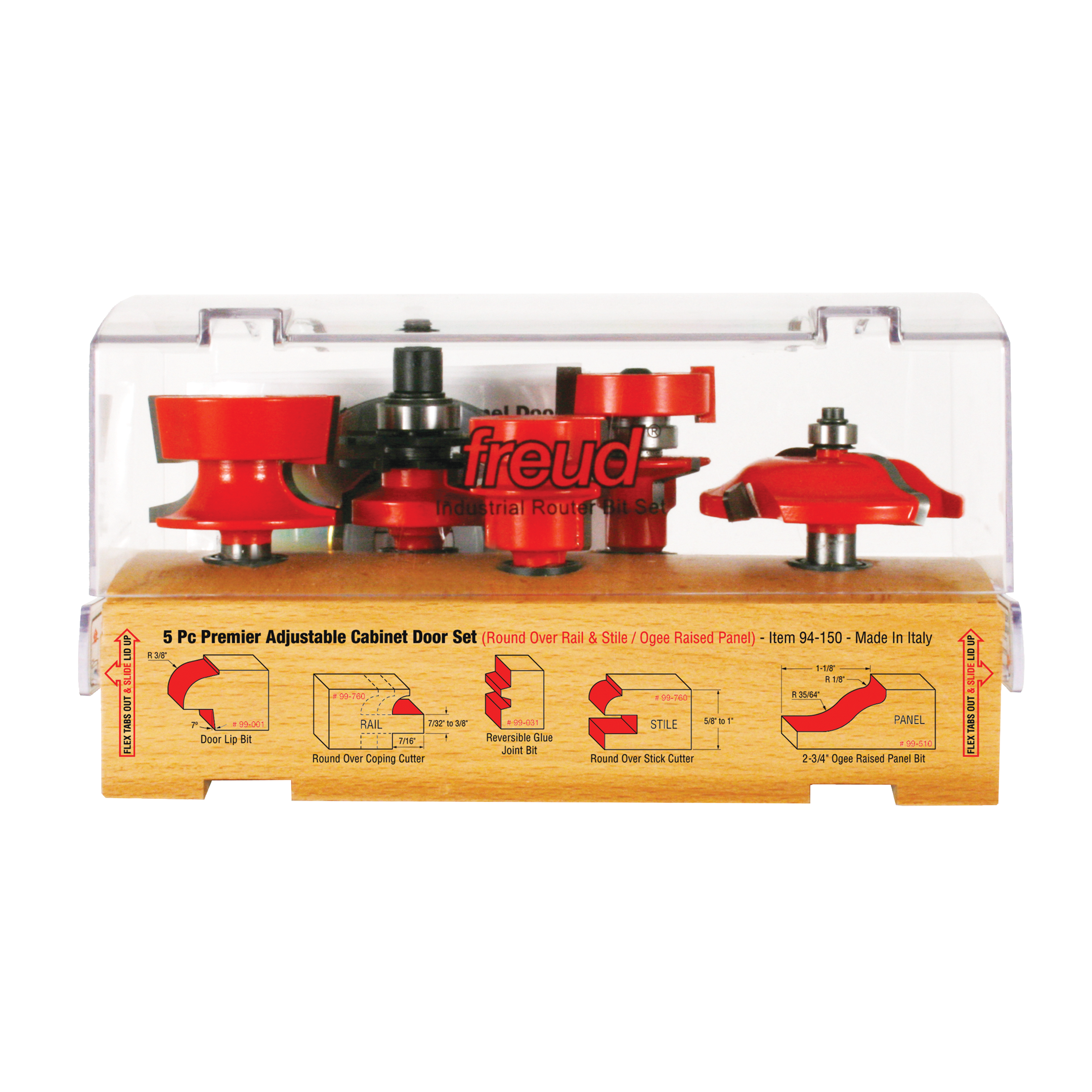 Five red and black router bits with various profiles displayed in clear plastic case with wooden base showing bit diagrams.