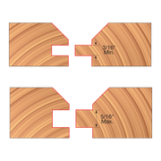 Two V-shaped router bit cutters with complementary grooved profiles for paneling joints, shown with measurement specification
