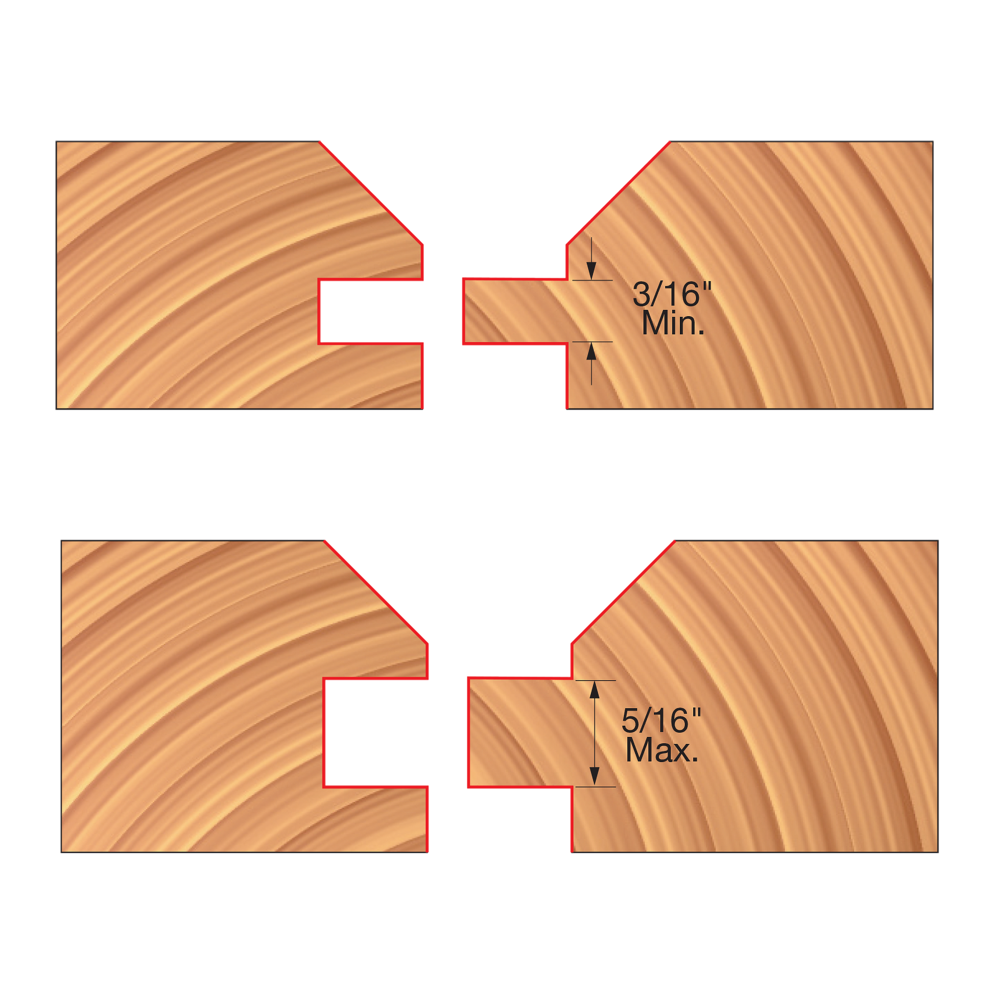 Two V-shaped router bit cutters with complementary grooved profiles for paneling joints, shown with measurement specification