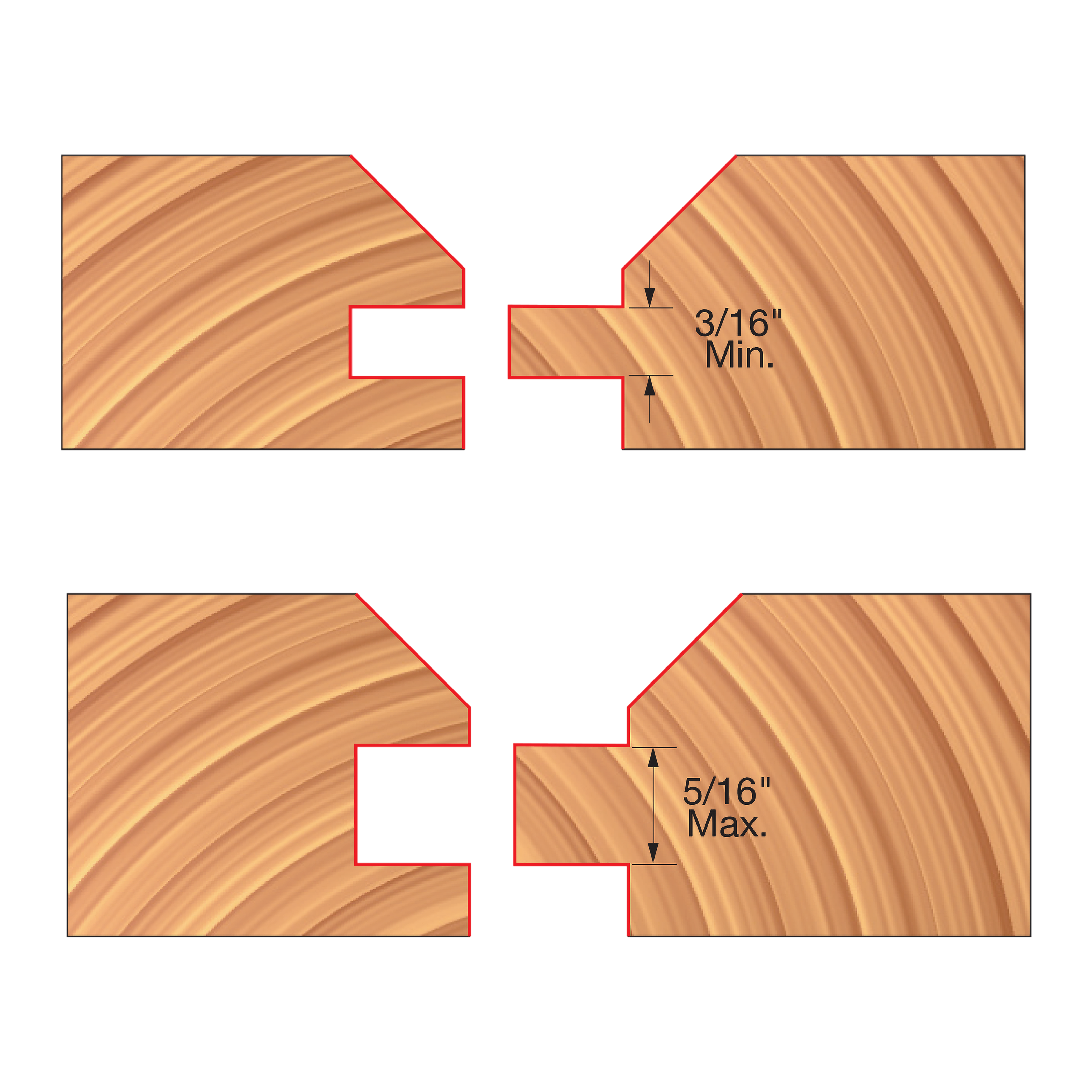 Two V-shaped router bit cutters with complementary grooved profiles for paneling joints, shown with measurement specification