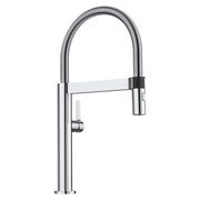 Chrome pull-down kitchen faucet with flexible hose and single lever control handle.