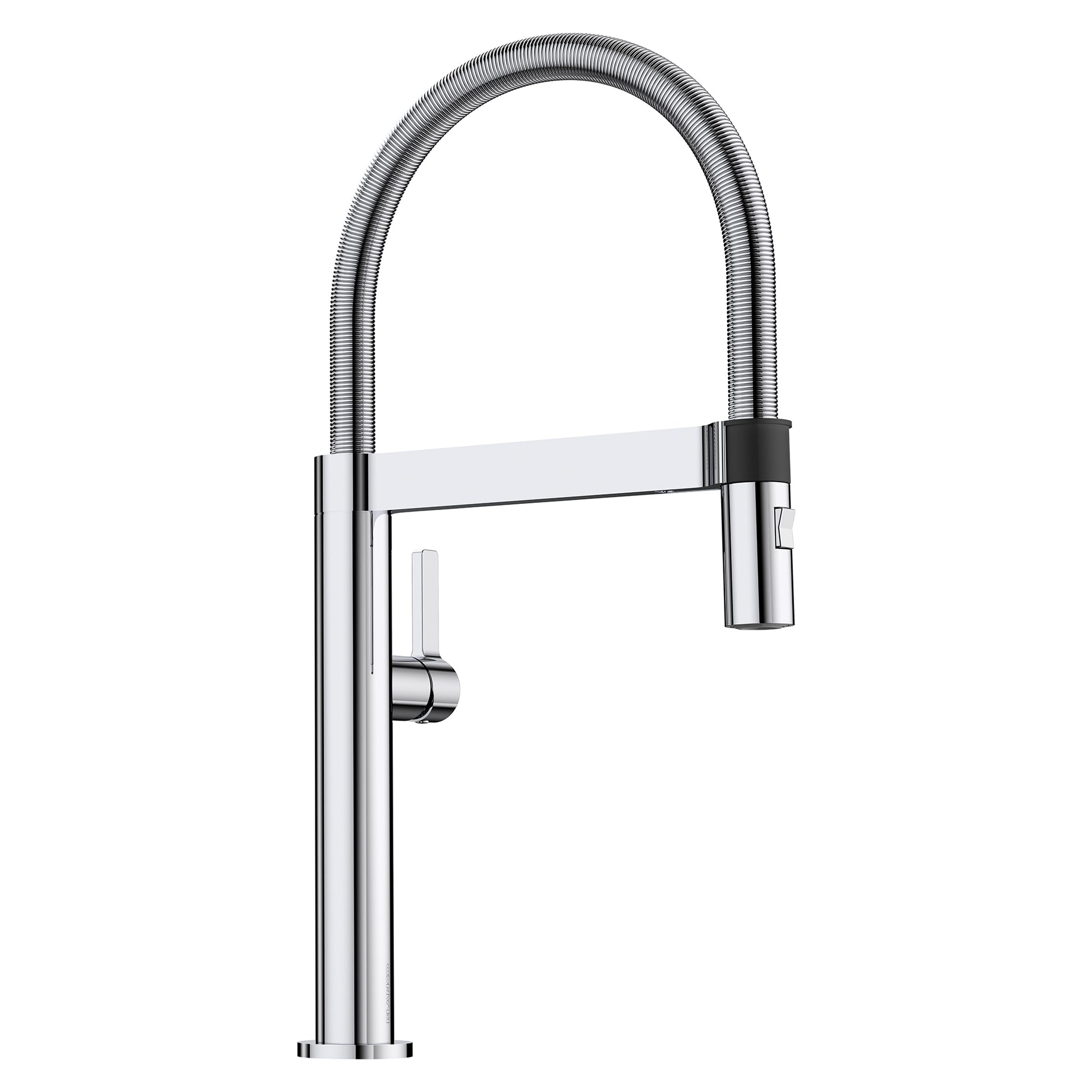 Chrome pull-down kitchen faucet with flexible hose and single lever control handle.