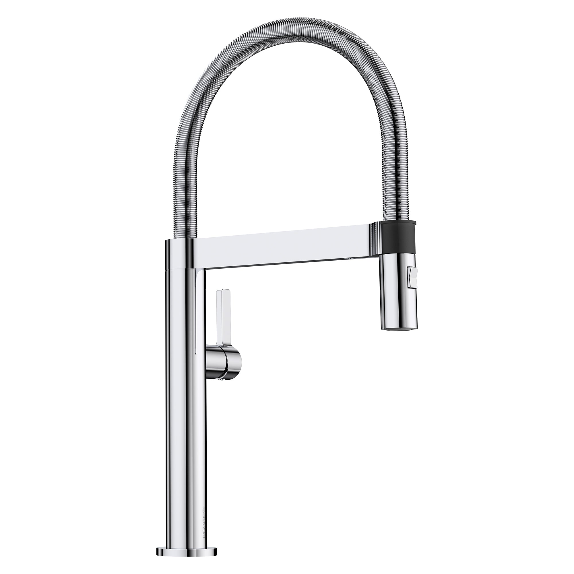 Chrome pull-down kitchen faucet with flexible hose and single lever control handle.