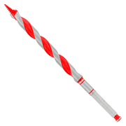 Red and gray spiral auger bit with fluted cutting head and hexagonal shank.
