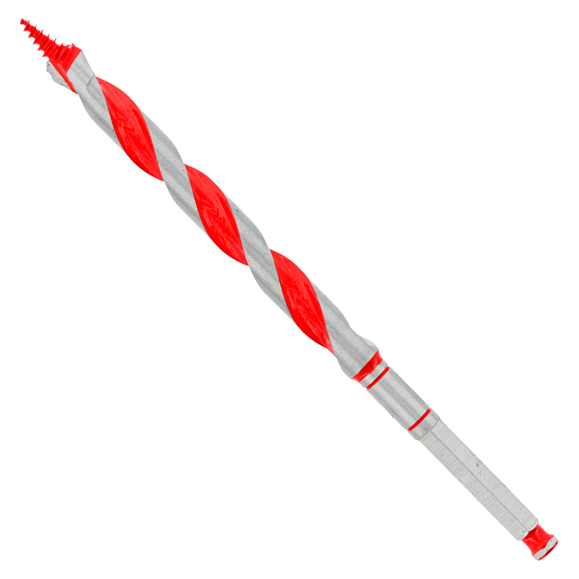 Red and gray spiral auger bit with fluted cutting head and hexagonal shank.
