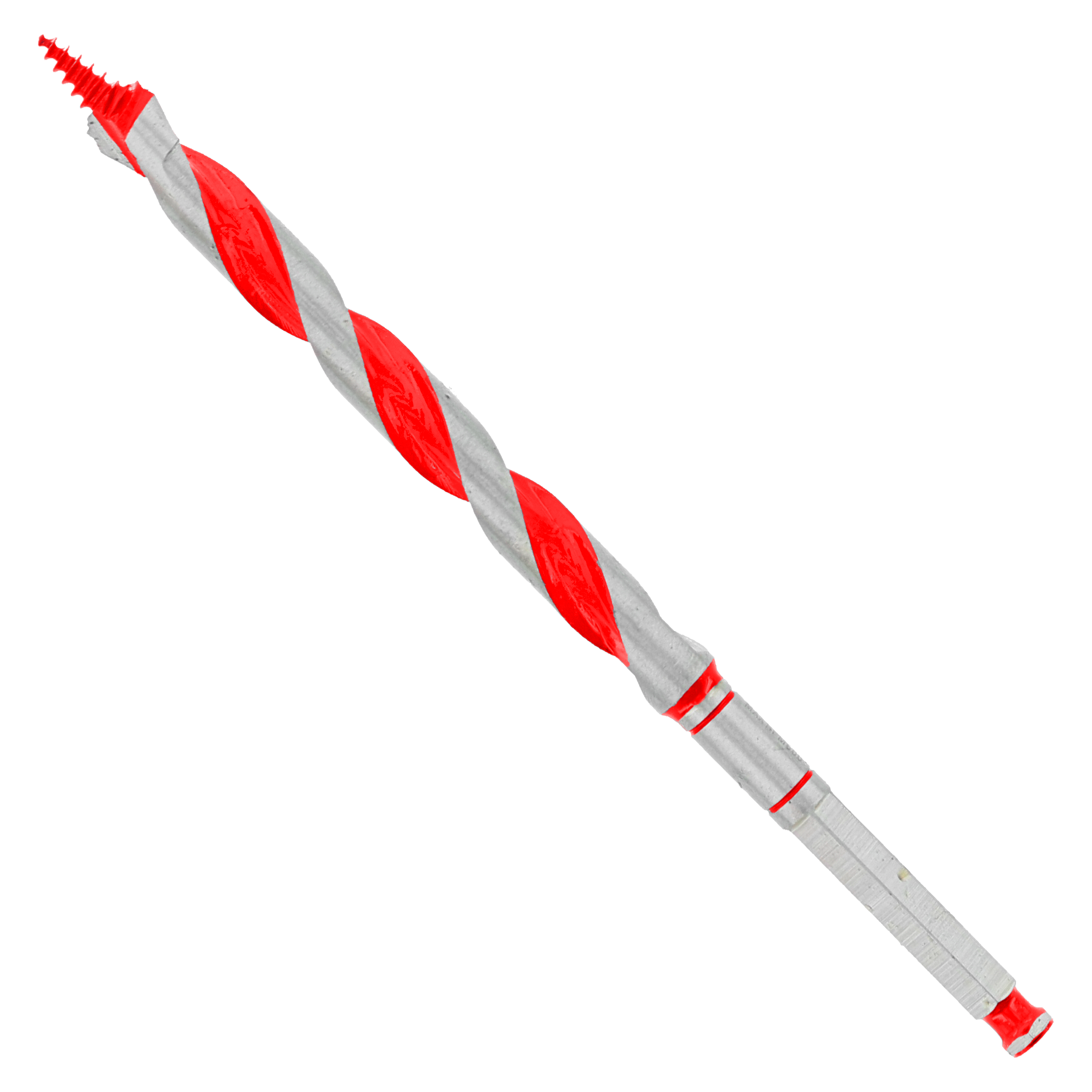 Red and gray spiral auger bit with fluted cutting head and hexagonal shank.