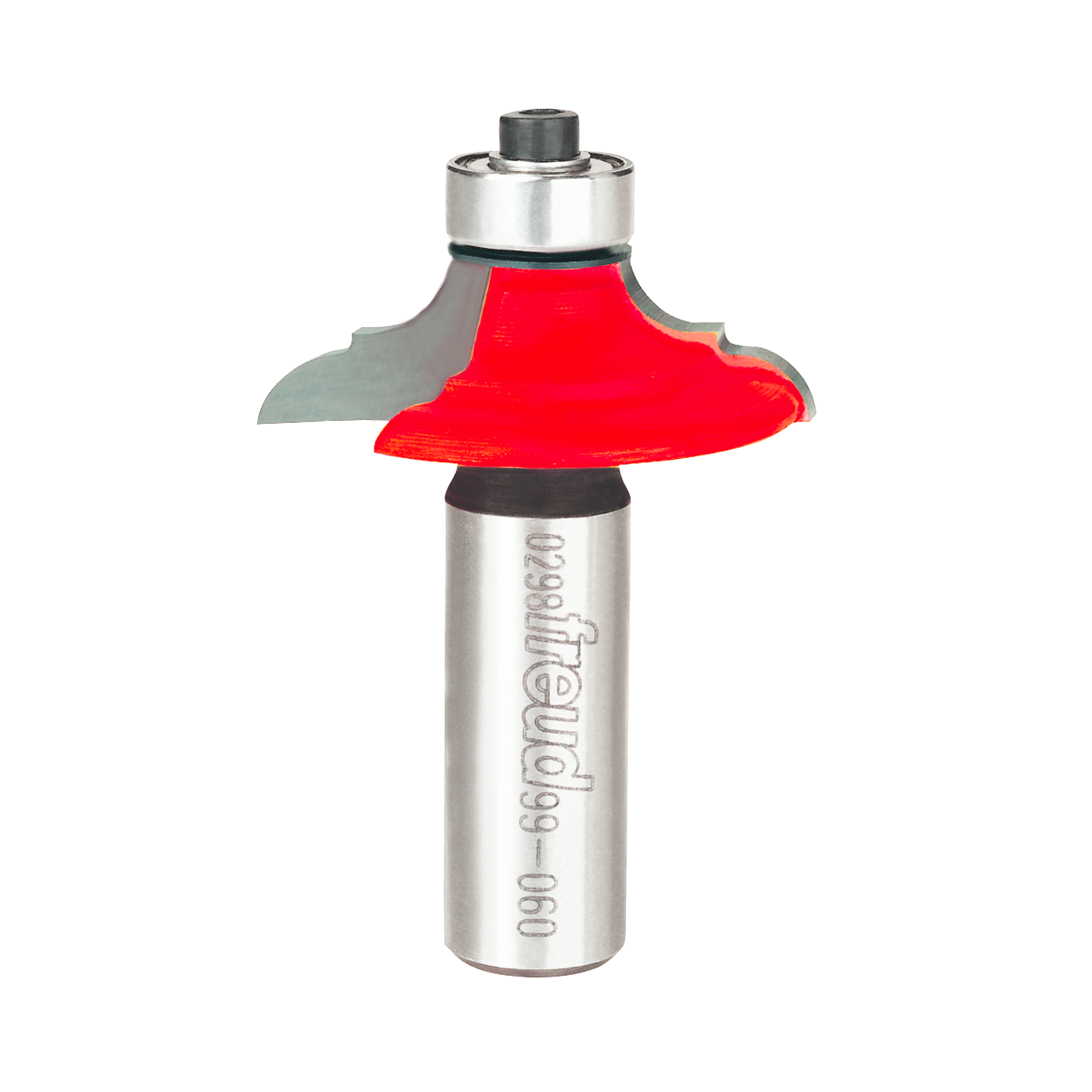 Freud router bit with red profile cutting head and silver metal shaft labeled 99-060.