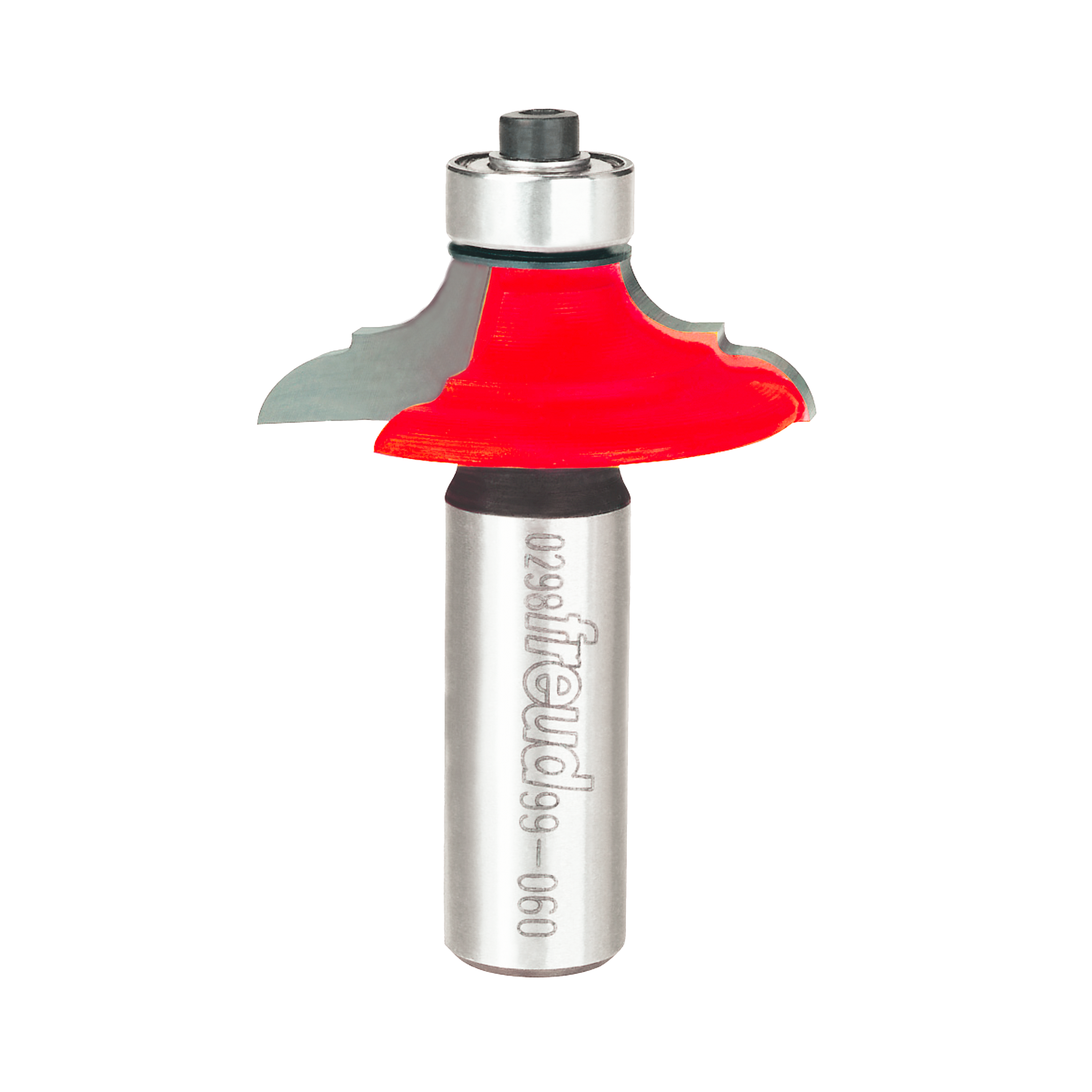 Freud router bit with red profile cutting head and silver metal shaft labeled 99-060.