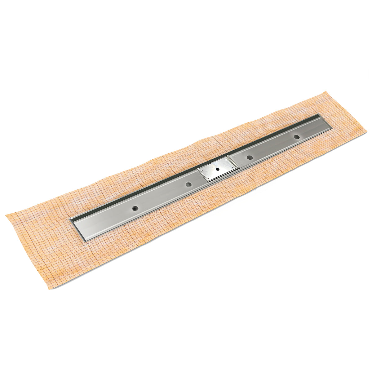 Stainless steel linear drain channel with grate mounted on tan tile base.