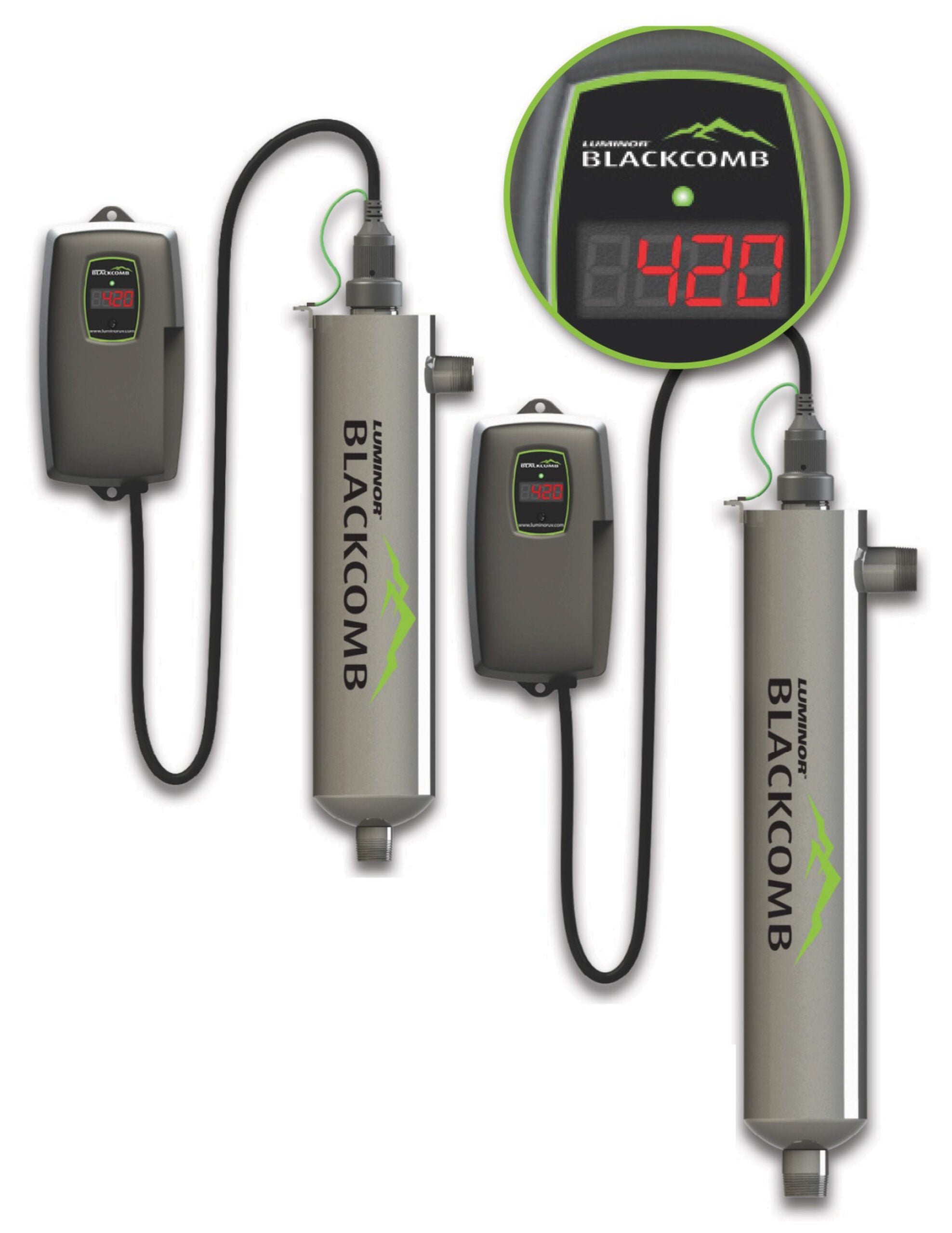 Two Luminor Blackcomb UV water purification systems with connected power controllers displaying red digital readouts and gree