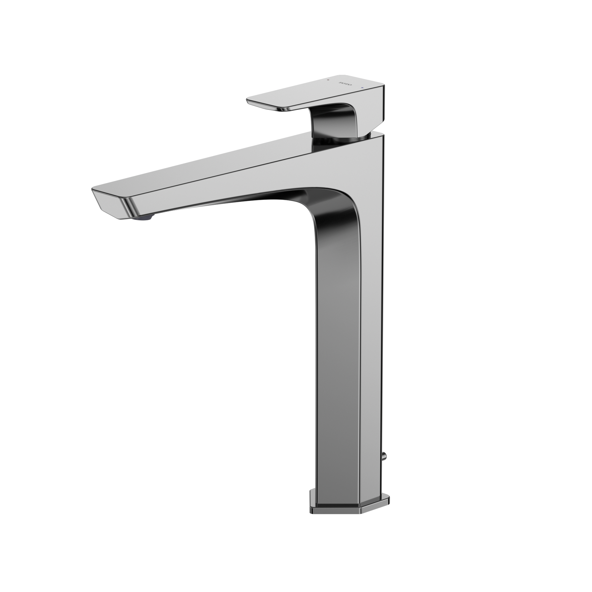 Polished chrome single-handle vessel faucet with tall squared body and angled spout.