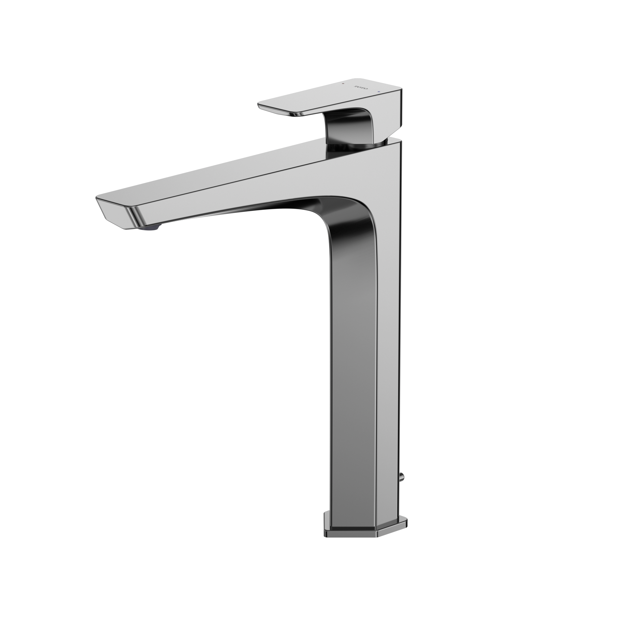 Polished chrome single-handle vessel faucet with tall squared body and angled spout.