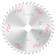 Circular saw blade with silver coating, center hole, and gray teeth around the perimeter marked with red wavy lines.