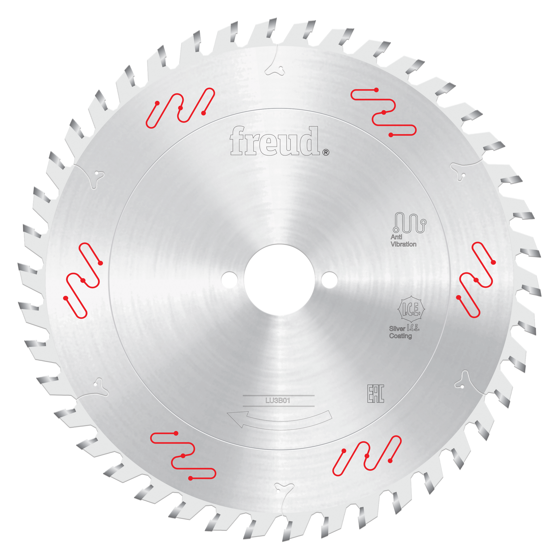 Circular saw blade with silver coating, center hole, and gray teeth around the perimeter marked with red wavy lines.