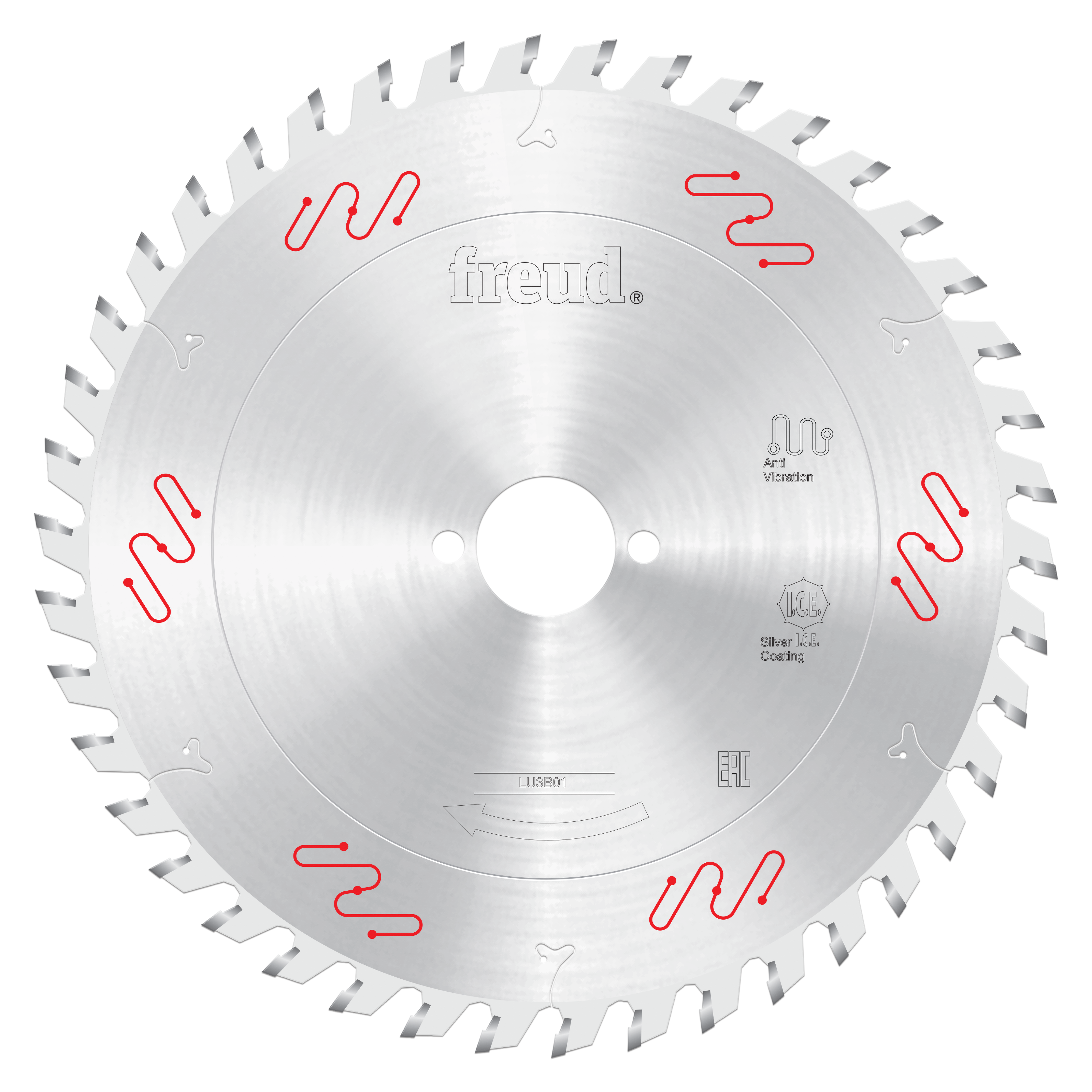 Circular saw blade with silver coating, center hole, and gray teeth around the perimeter marked with red wavy lines.