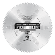 Silver circular saw blade with 96 teeth, labeled Freud Cabinetmaker's Crosscut, 16 inches diameter with center arbor hole.
