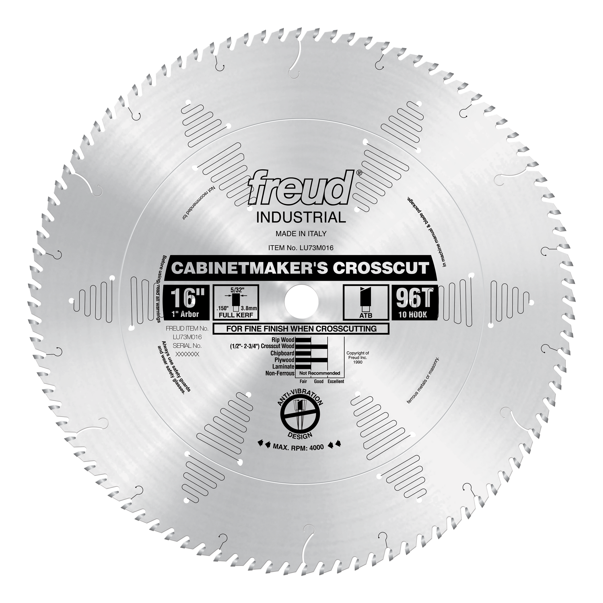 Silver circular saw blade with 96 teeth, labeled Freud Cabinetmaker's Crosscut, 16 inches diameter with center arbor hole.