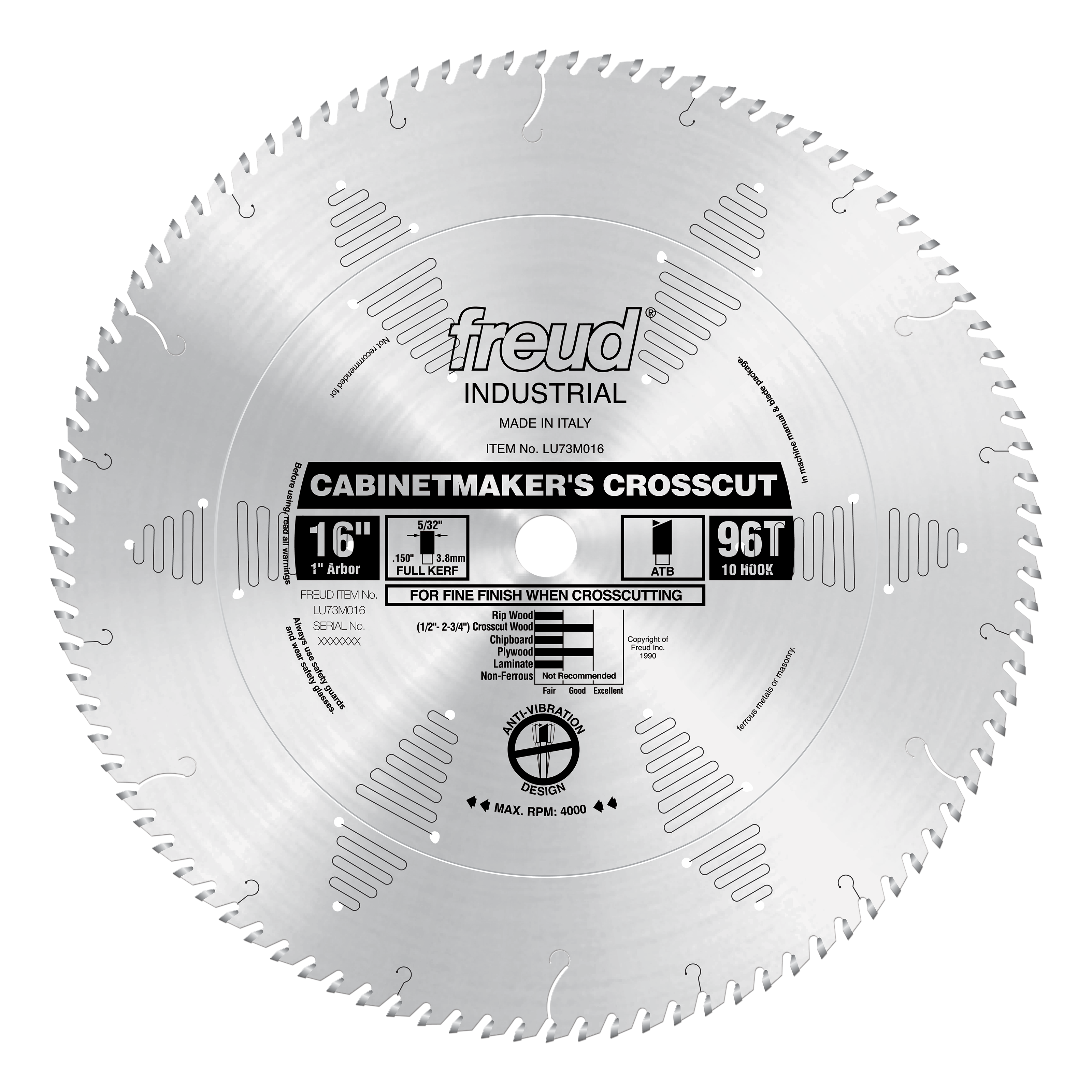 Silver circular saw blade with 96 teeth, labeled Freud Cabinetmaker's Crosscut, 16 inches diameter with center arbor hole.
