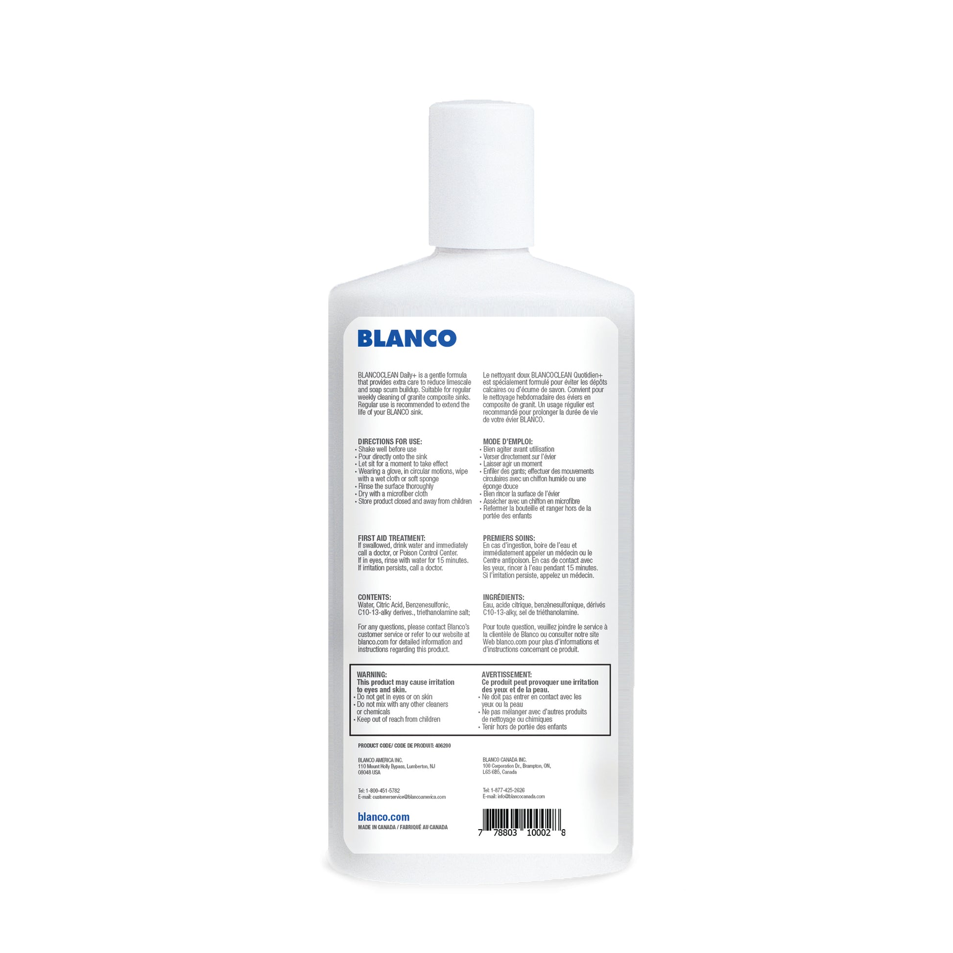 White plastic bottle of Blanco sink cleaner with blue Blanco branding and instructional text on label.