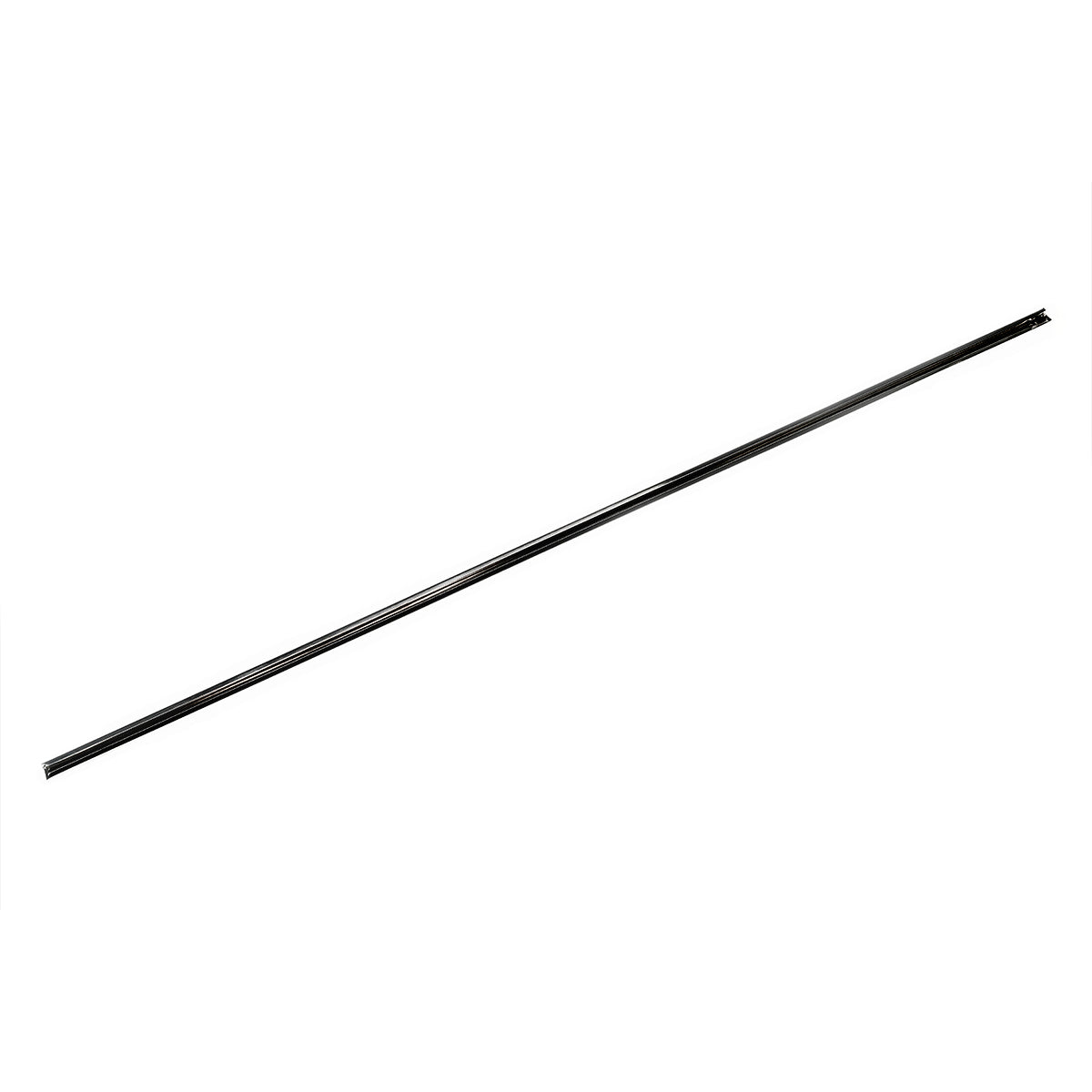 Matte black linear drain component with elongated slotted opening, angled view.