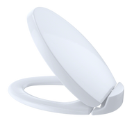 Cotton white elongated oval toilet seat and lid with slow-close mechanism, shown open at an angle.