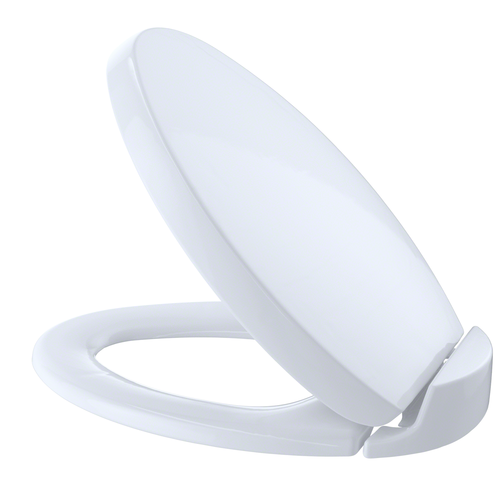 Cotton white elongated oval toilet seat and lid with slow-close mechanism, shown open at an angle.