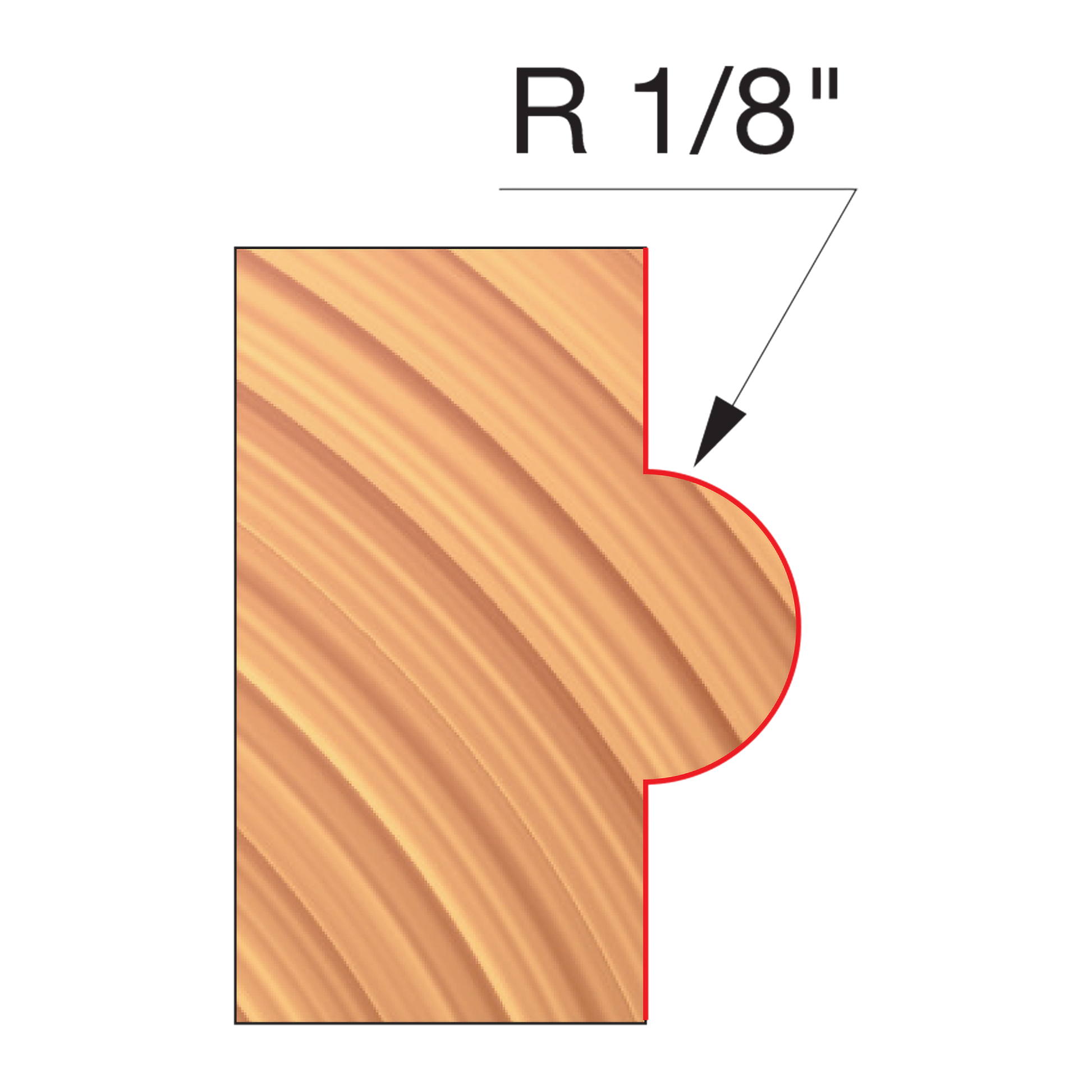 Concave radius router bit with R 1/8" curved cutting edge and diagonal flute pattern on wood sample.