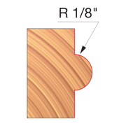Wood router bit with R 1/8" concave radius cutting profile highlighted in red on wooden sample.