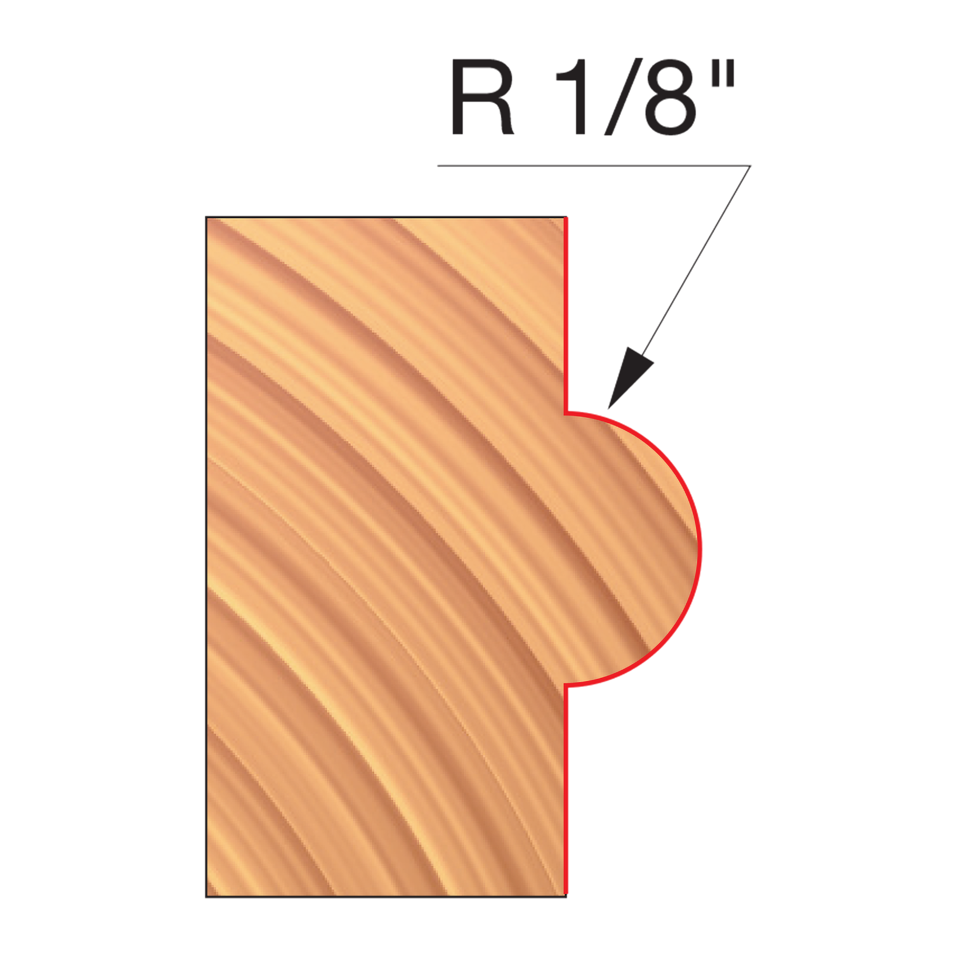 Wood router bit with R 1/8" concave radius cutting profile highlighted in red on wooden sample.