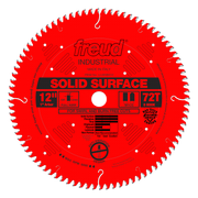 Red circular saw blade with 72 teeth, 12-inch diameter, 1-inch arbor, marked "Freud Industrial Solid Surface" for swirl and b