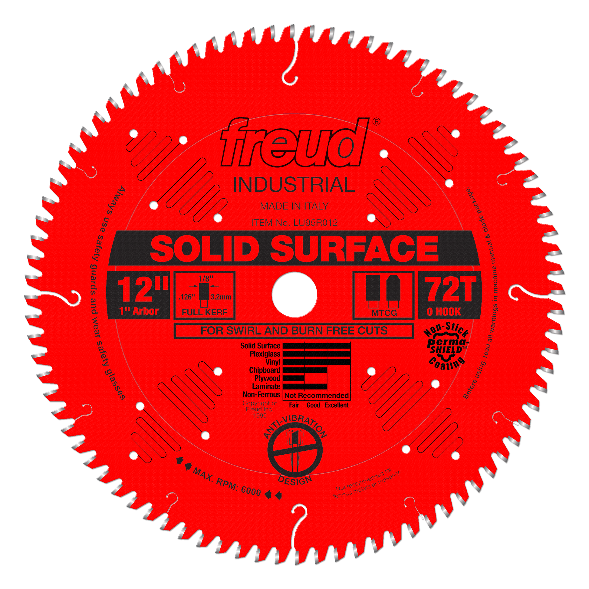Red circular saw blade with 72 teeth, 12-inch diameter, 1-inch arbor, marked "Freud Industrial Solid Surface" for swirl and b