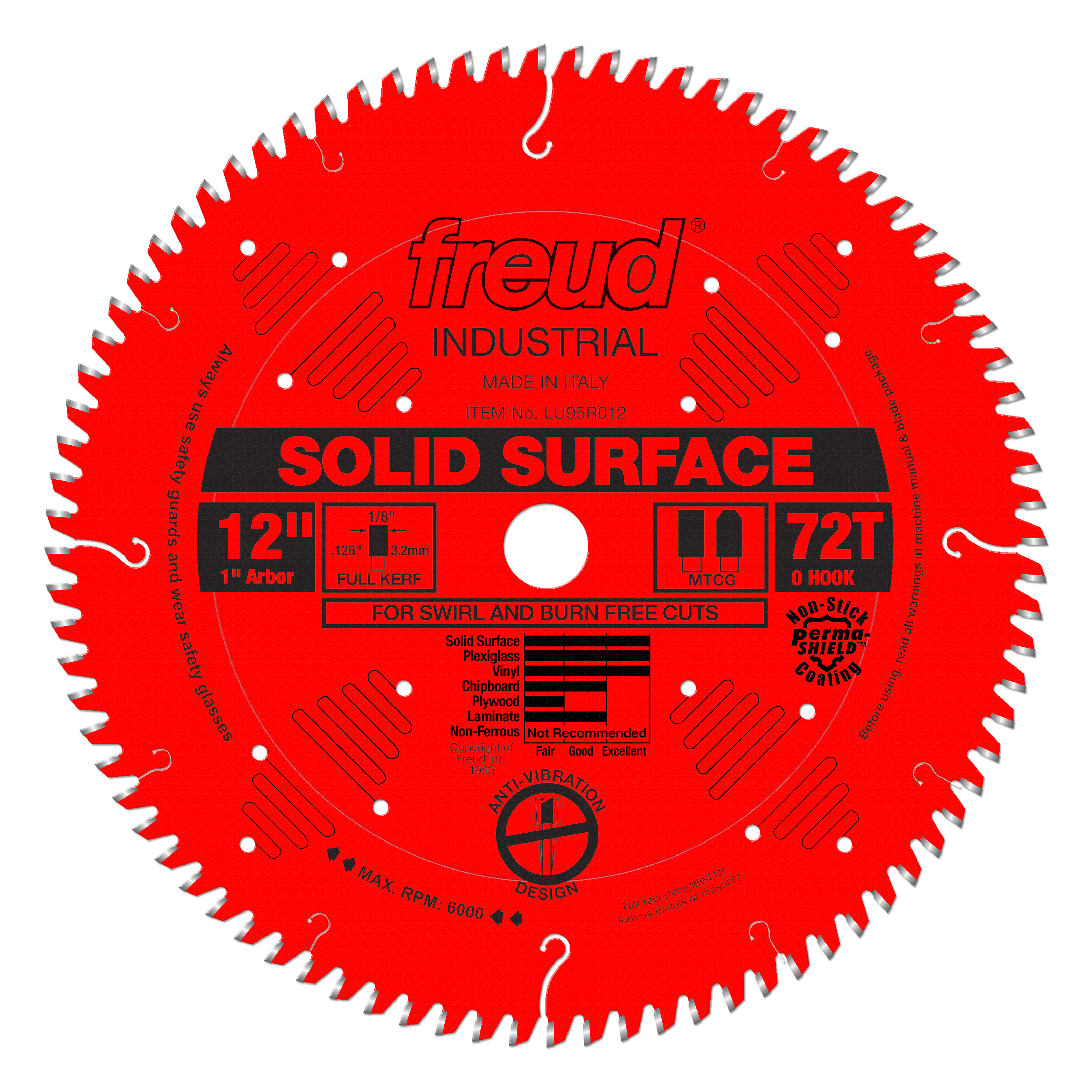 Red circular saw blade with 72 teeth, 12-inch diameter, 1-inch arbor, marked "Freud Industrial Solid Surface" for swirl and b
